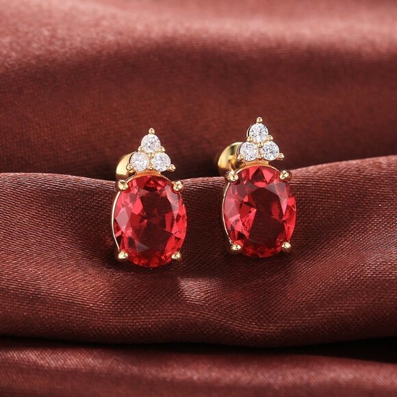 "Beautiful Big Red Oval Zircon 14K Gold Plated Stud Earrings for Women, VP1022 - Picture 1 of 2